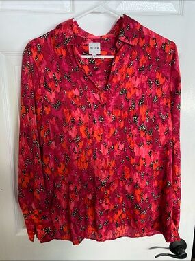 NIC+ZOE Pink and Red Abstract Printed Long-Sleeve Blouse